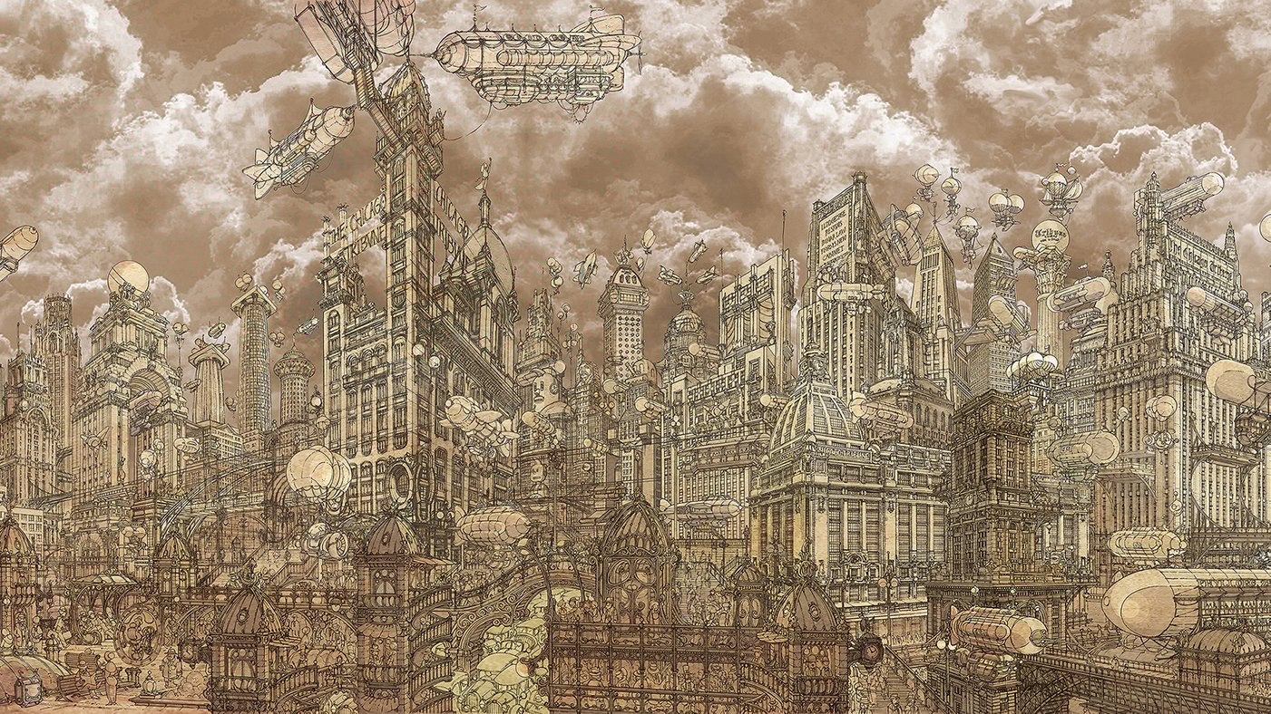 A portion of the "Welcome to Tribuneville" cartoon of a skyline