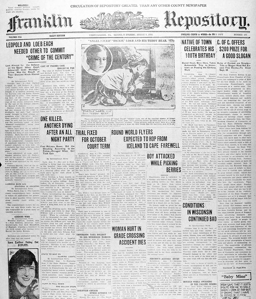Front page of th Franklin Repository from August 9, 1924