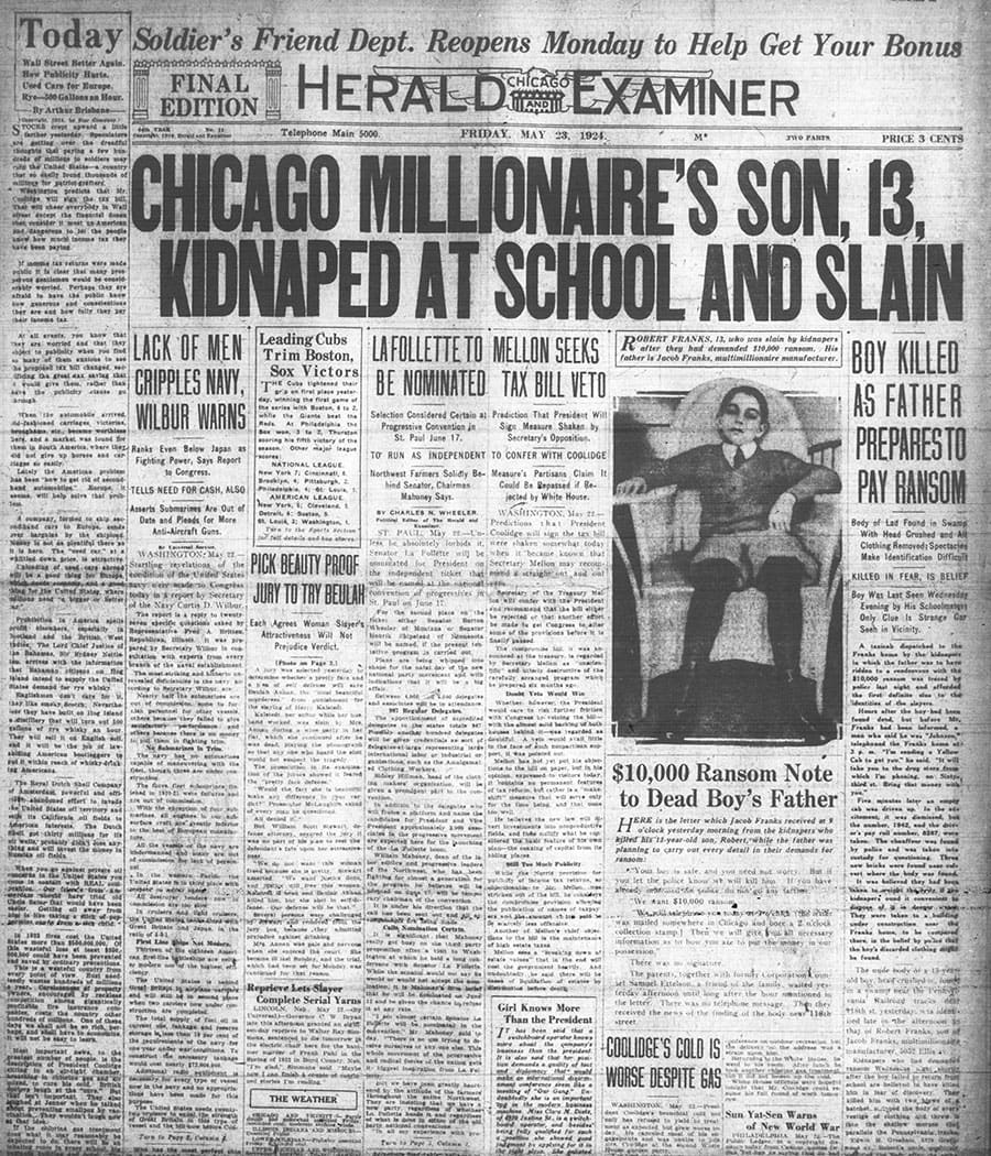 Front page of the Chicago Herald and Examiner from May 23, 1924