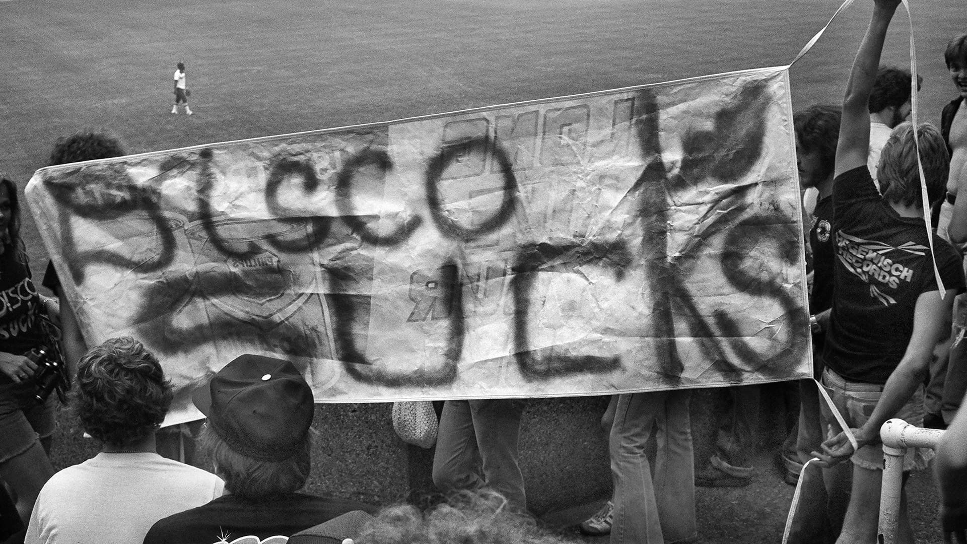 A banner reading “Disco Sucks” is displayed at Comiskey Park on July 12, 1979.