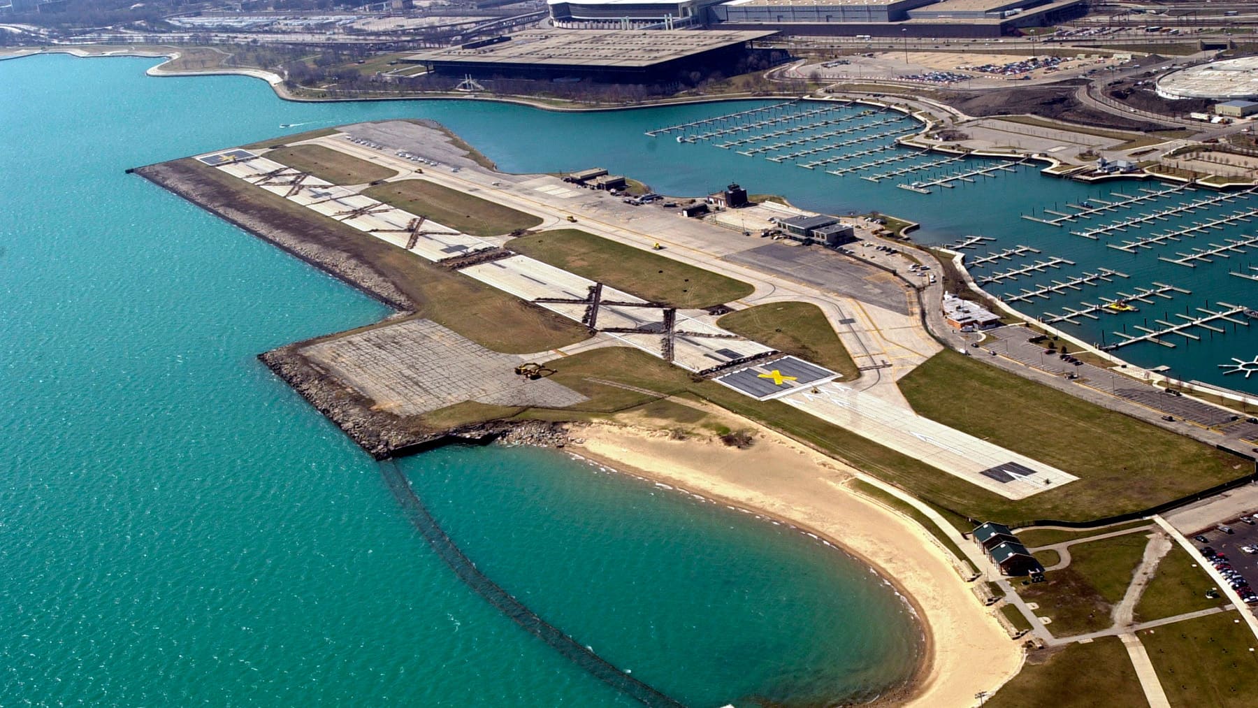 Arial view of Midway airport with giant 'Xs' on the runway