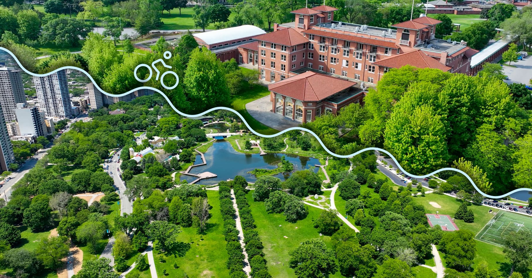 Overhead view of two Chicago buildings with a stylized bicycle and wave overlay.