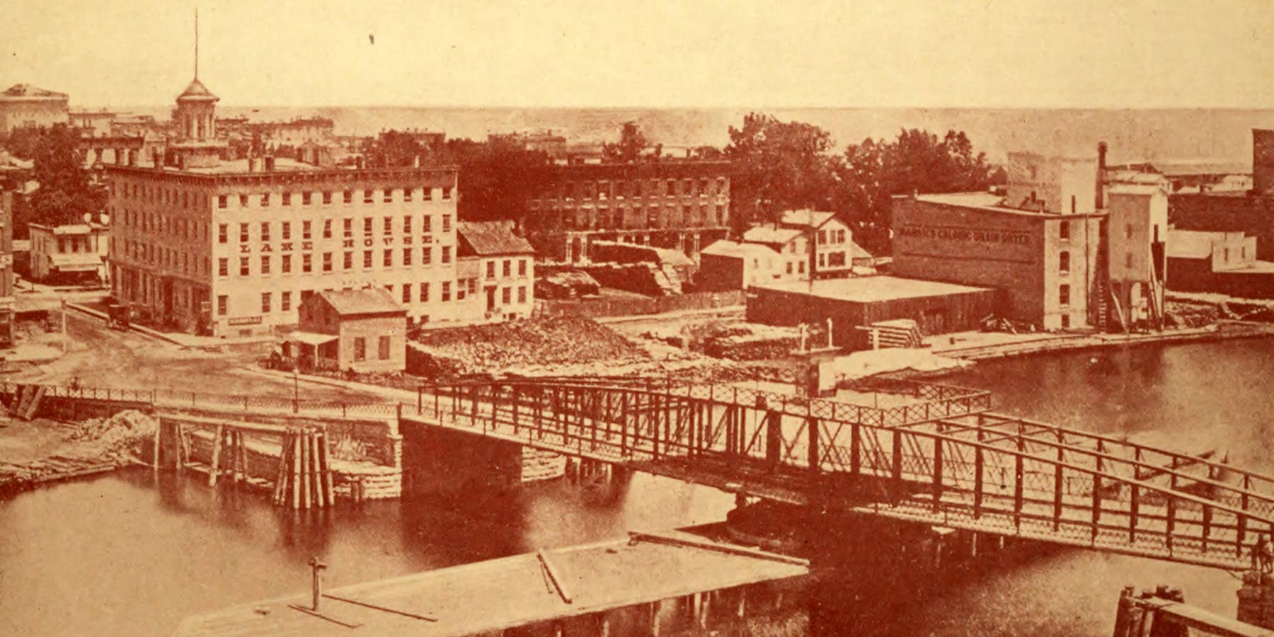 The Lake House Hotel is pictured near the Rush Street Bridge