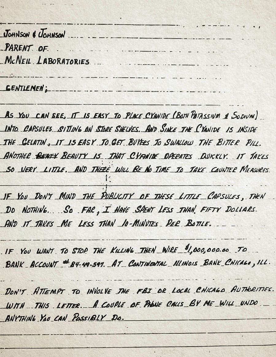 The first page of the extortion letter sent to Johnson & Johnson