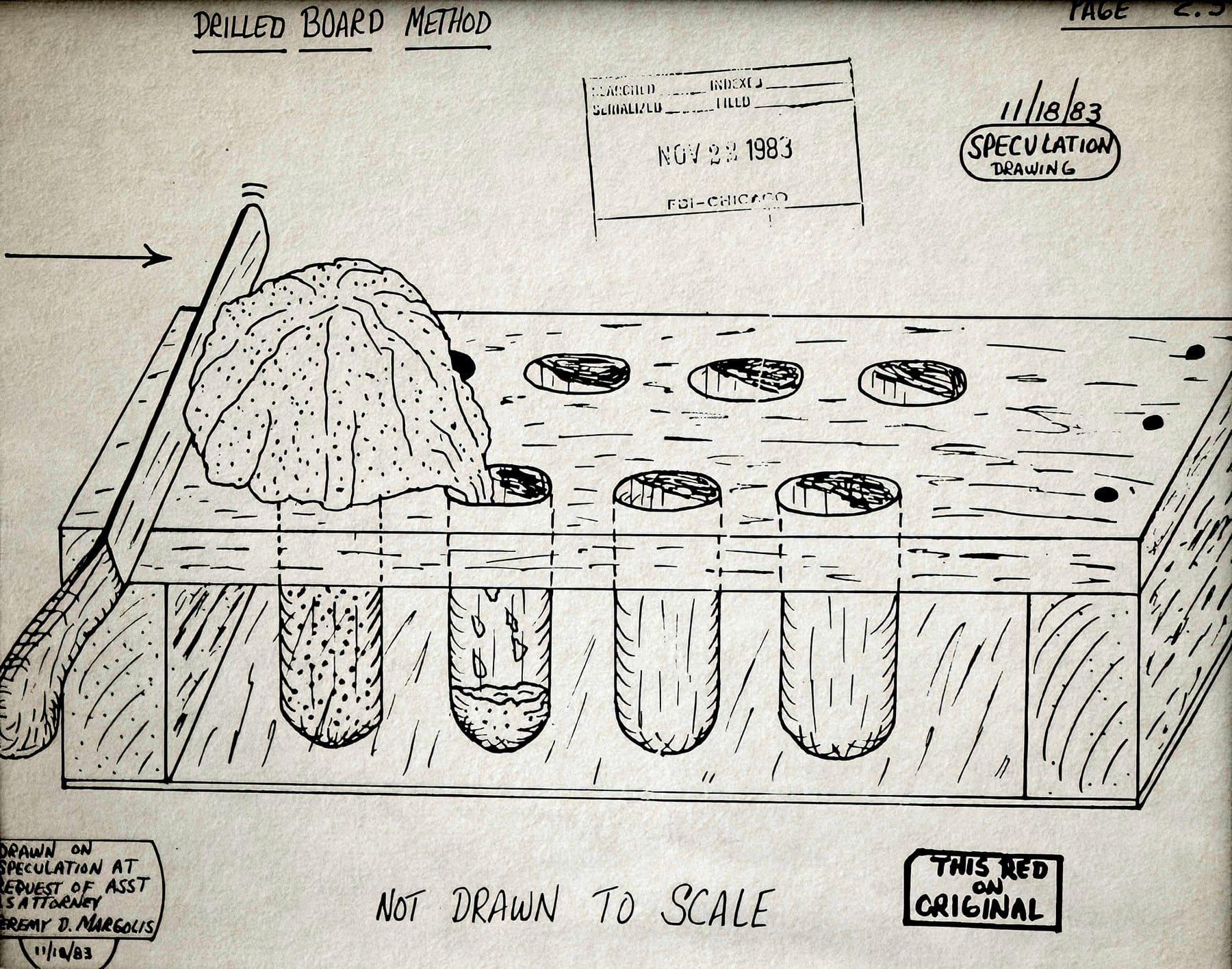 Sketch of a wooden container with holes to fill capsules