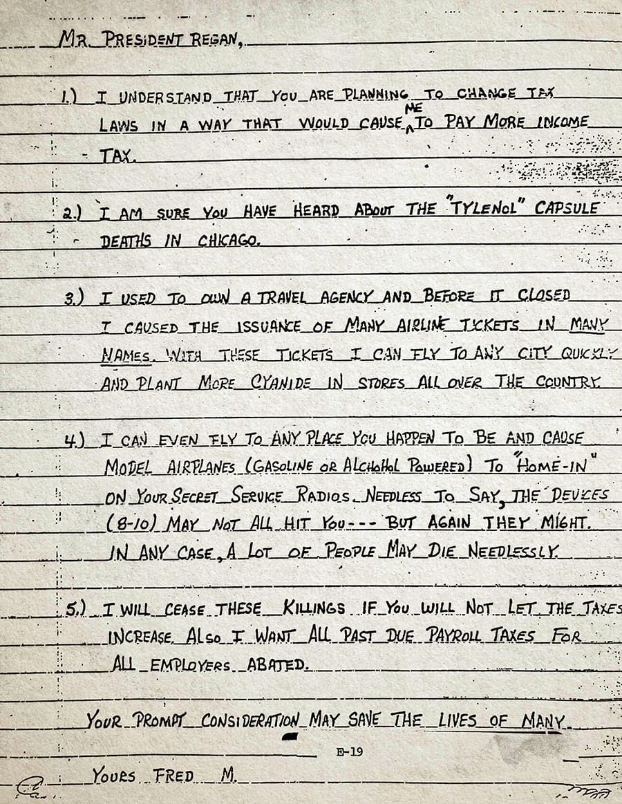 The first page of the extortion letter sent to President Ronald Reagan