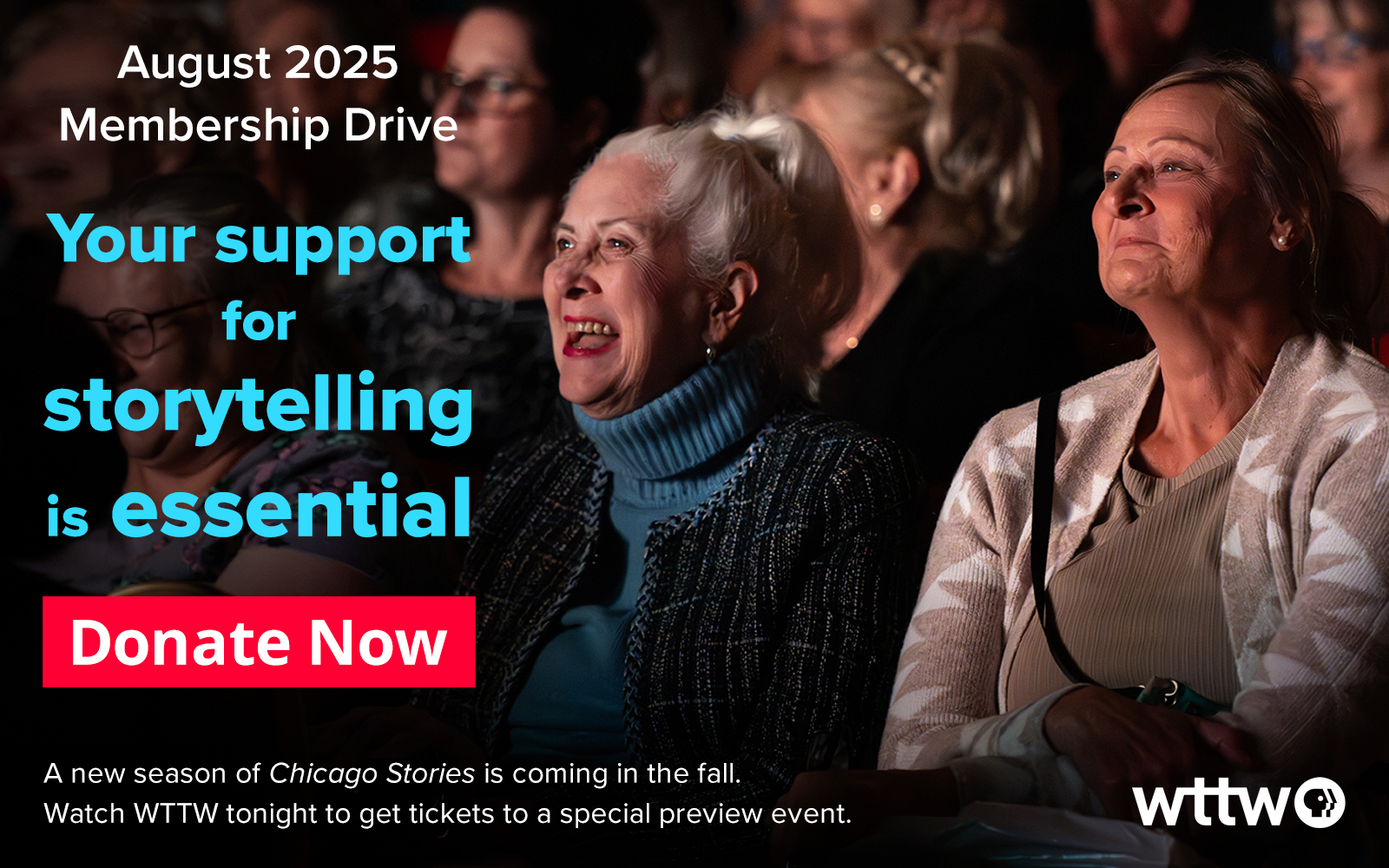 August 2025 Membership Drive - Your support for storytelling is essential. Donate Now. Pictured: Audience members in a theater screening laughing.