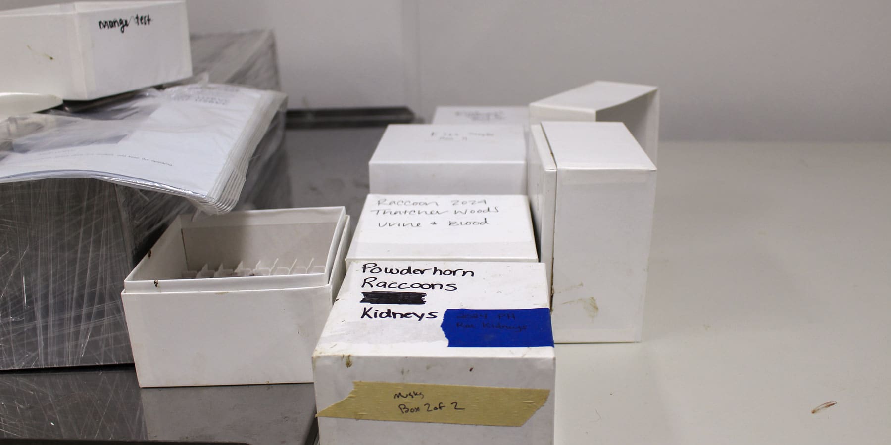 Labeled boxes of samples that have been collected
