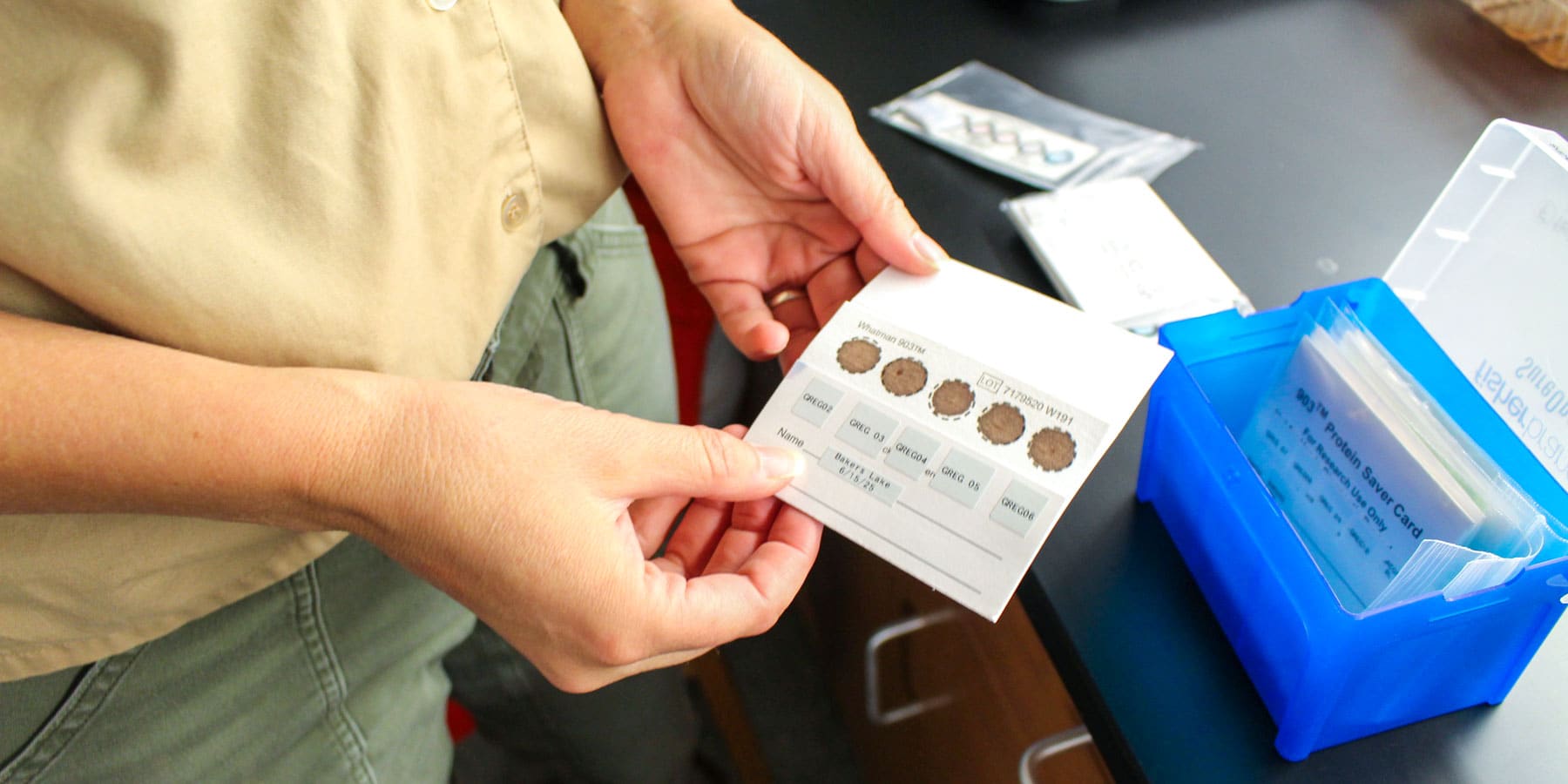 A worker holds a paper sample card with five blood spots