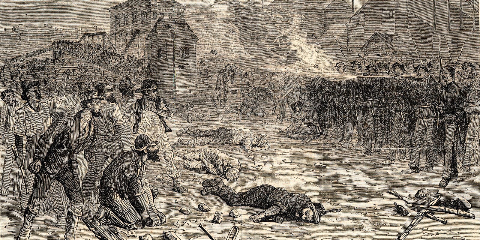 An illustration of the Battle of the Viaduct during the Great Railroad Strike of 1877