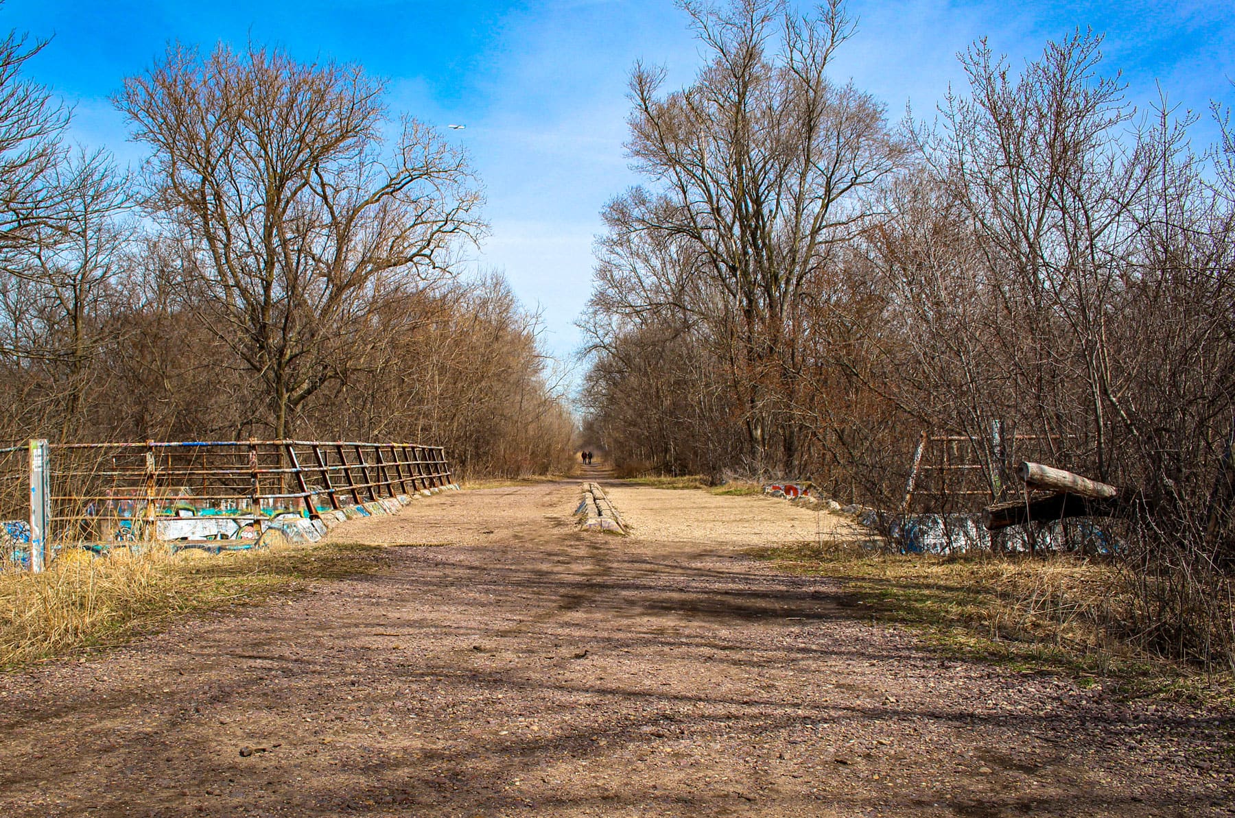 A dirt path lined with bare trees extends into the distance. Graffiti-covered metal railings run alongside, conveying a sense of rustic solitude.