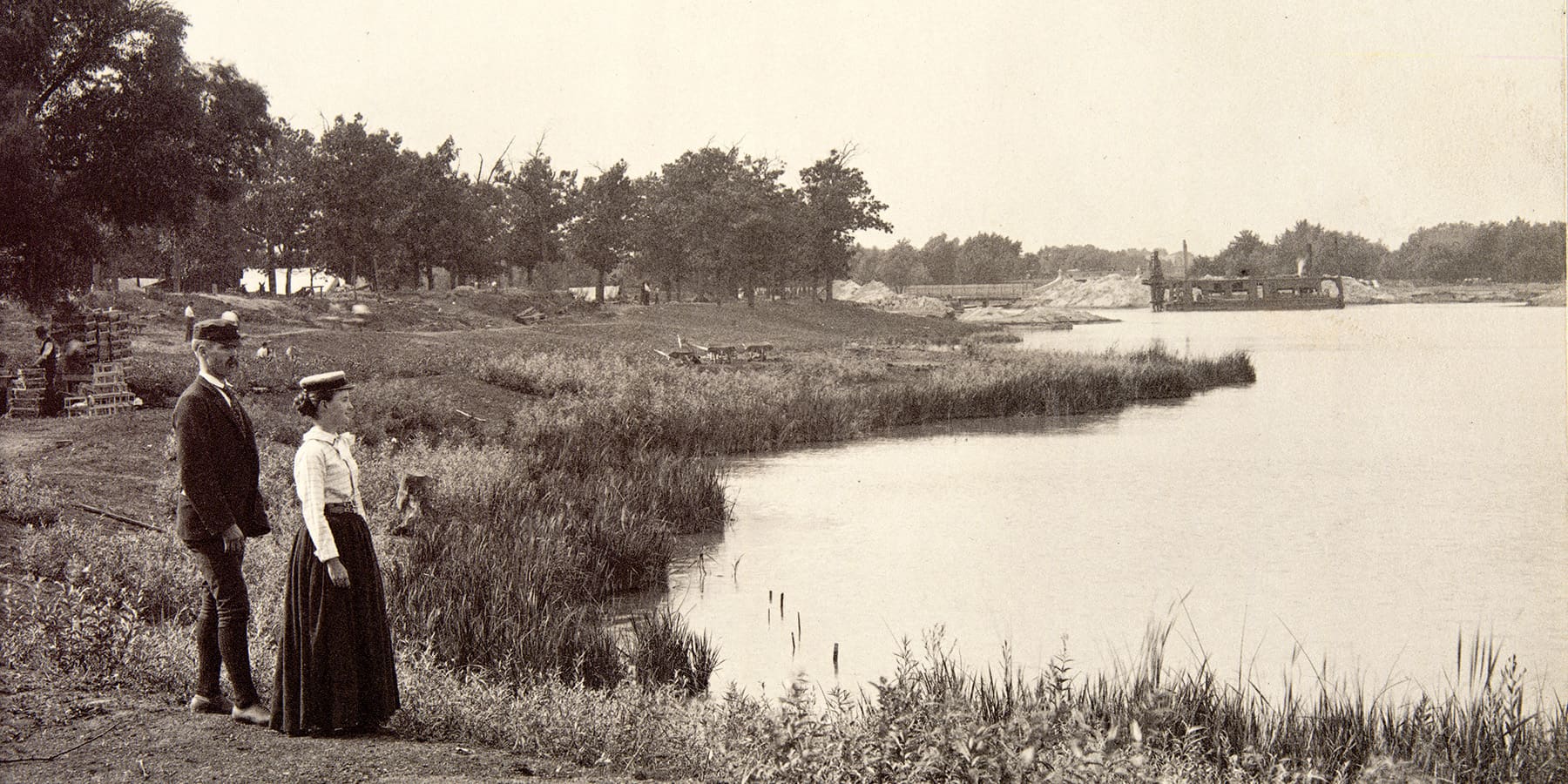 A couple explores Wooded Island during the construction of the White City in August 1891.