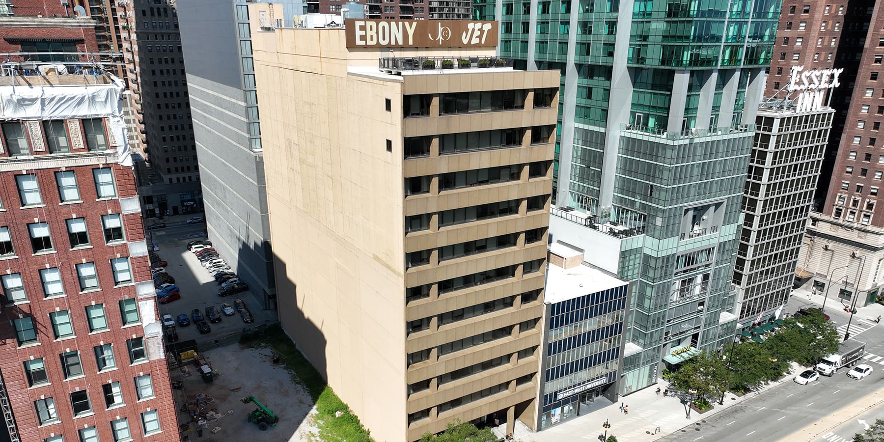 The former Johnson Publishing building still bears the <em>Ebony</em> and <em>Jet </em>sign.