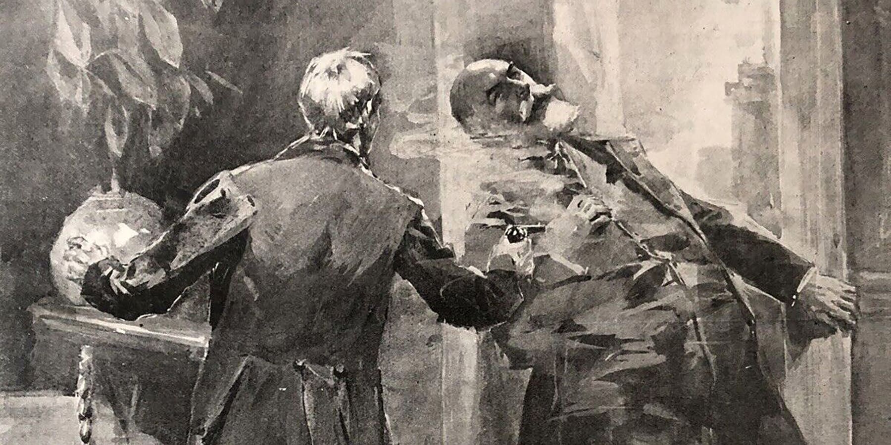 An illustration from Frank Leslie’s Illustrated Weekly depicting the assassination of Chicago Mayor Carter Harrison two days before the closing of the World’s Columbian Exposition