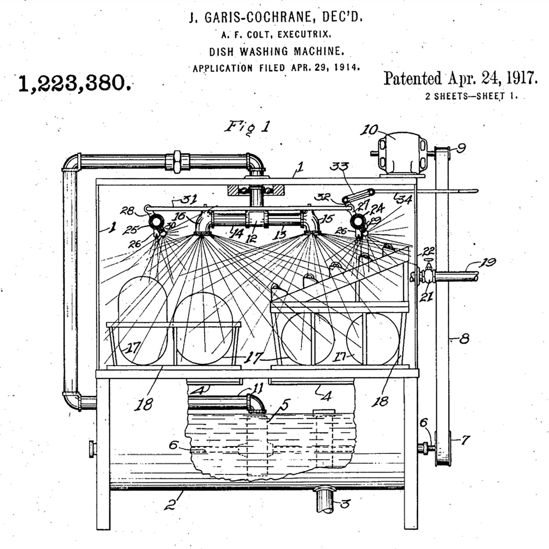 The 1917 patent showing an improved design from Josephine Cochrane’s original dishwasher