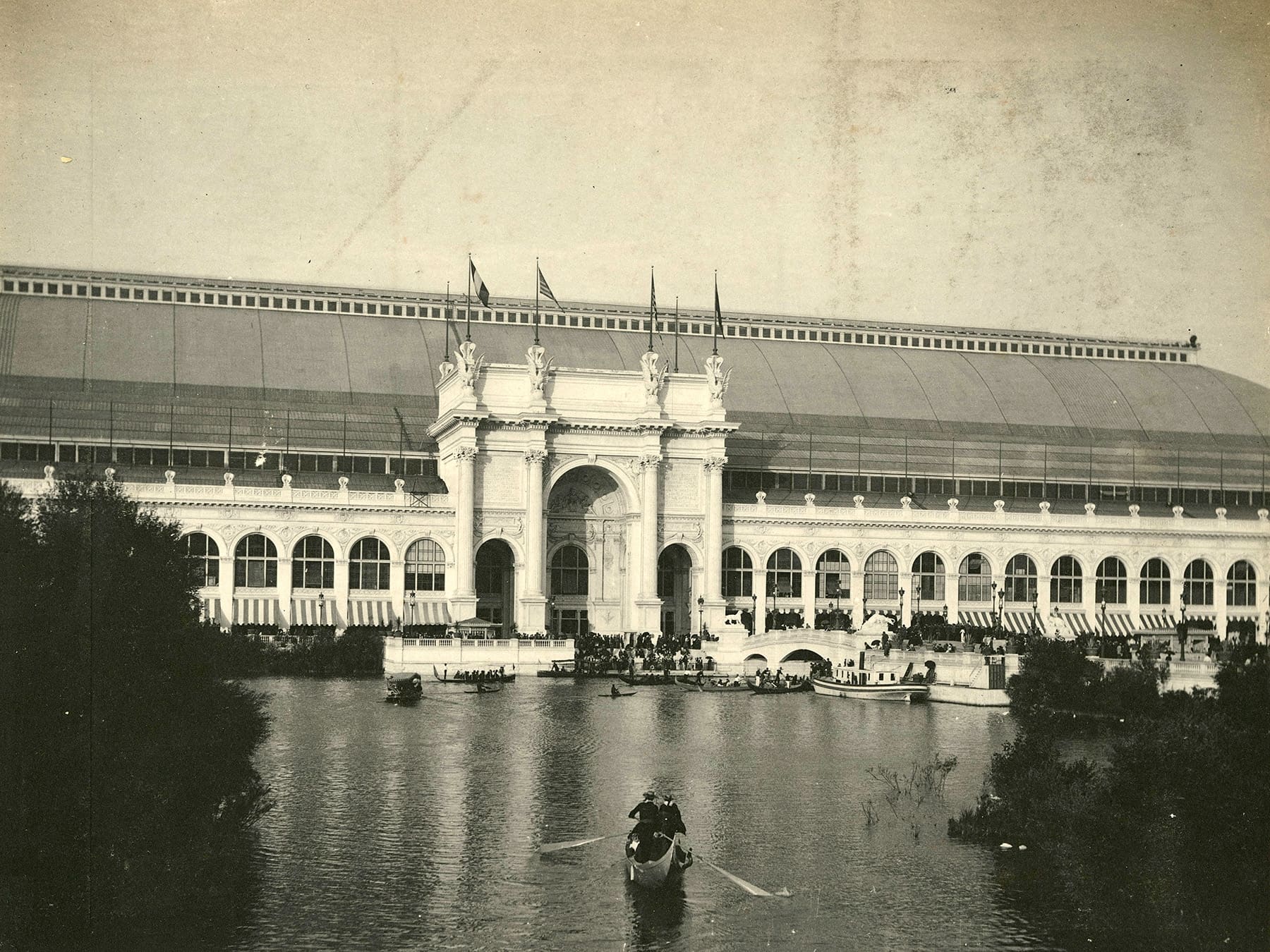 Looking east from the lagoon, the Manufactures and Liberal Arts Building was the largest building ever constructed at the time.