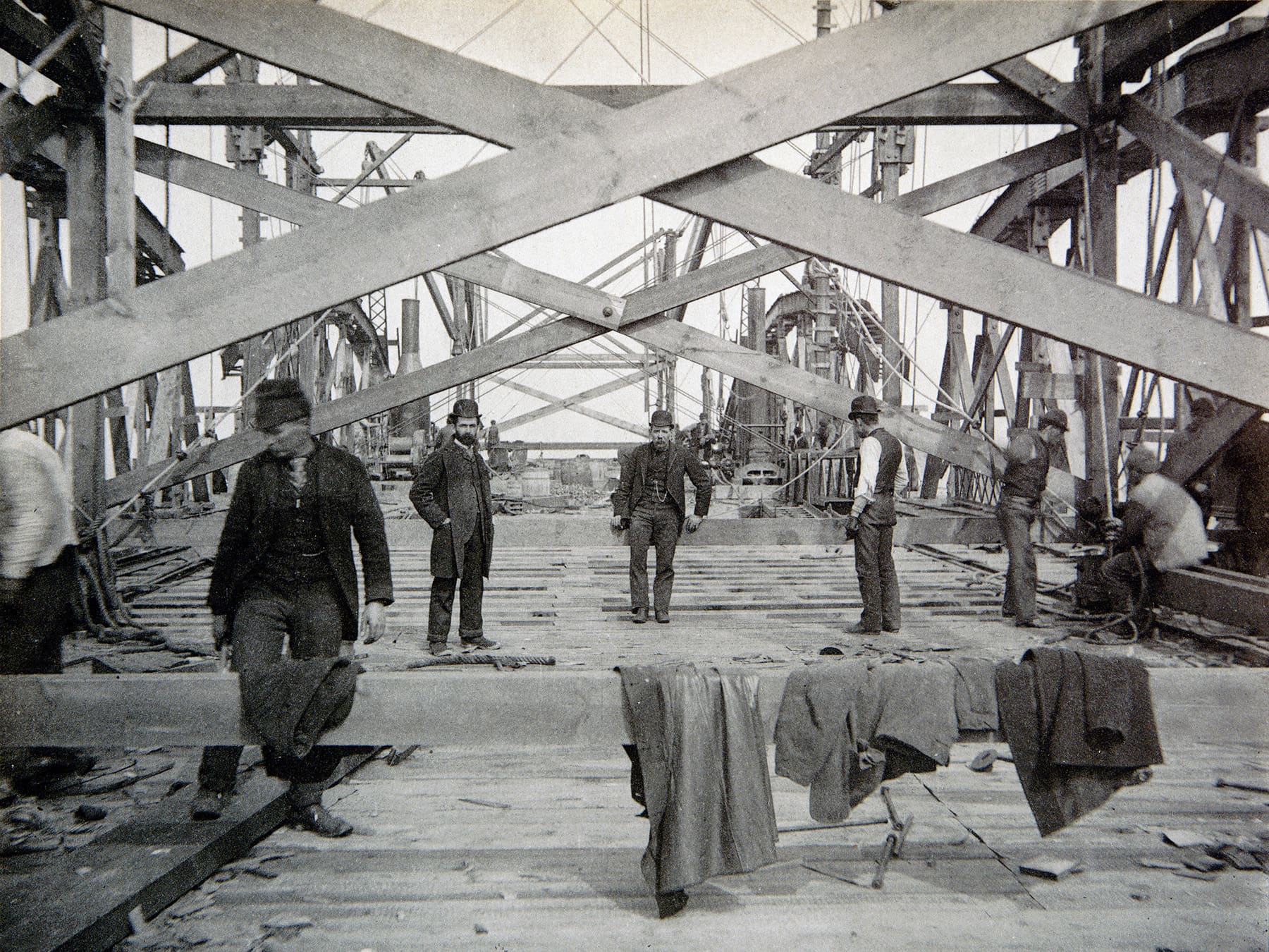 Workers build the Manufactures and Liberal Arts Building in April 1892.