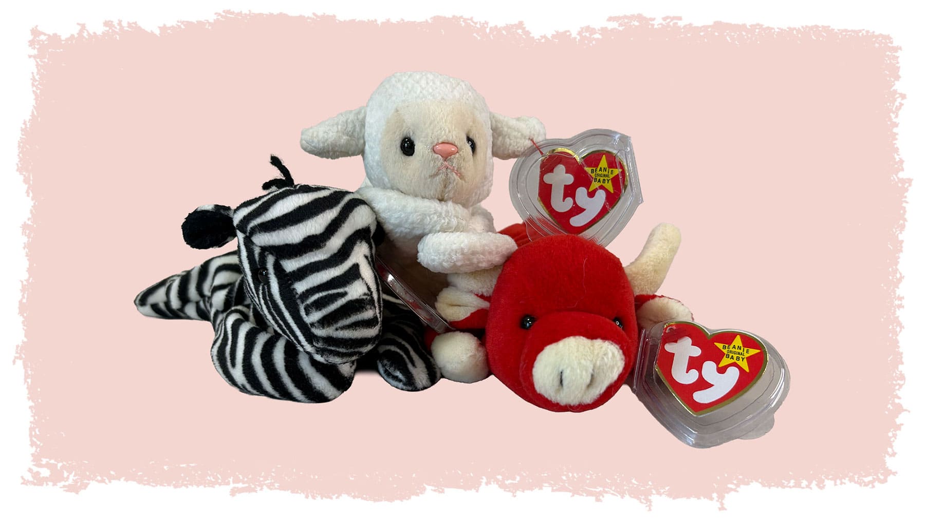 Ziggy the Zebra, Fleece the Lamb, and Snort the Bull Beanie Babies