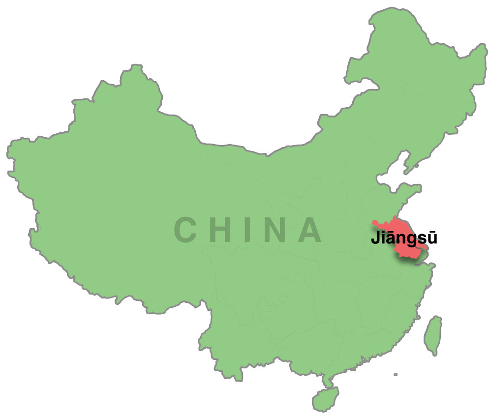 A map of China with the northern coastal province of Jiangsu highlighted