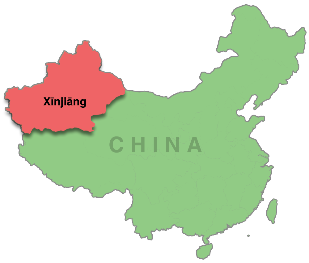 A map of China with the northwestern region of Xinjiang highlighted