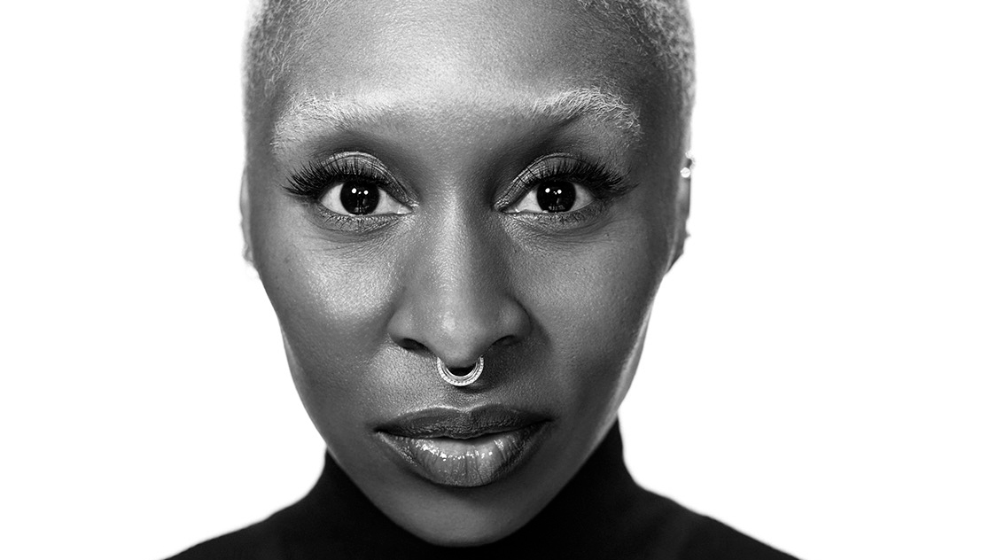 A black and white headshot of Cynthia Erivo