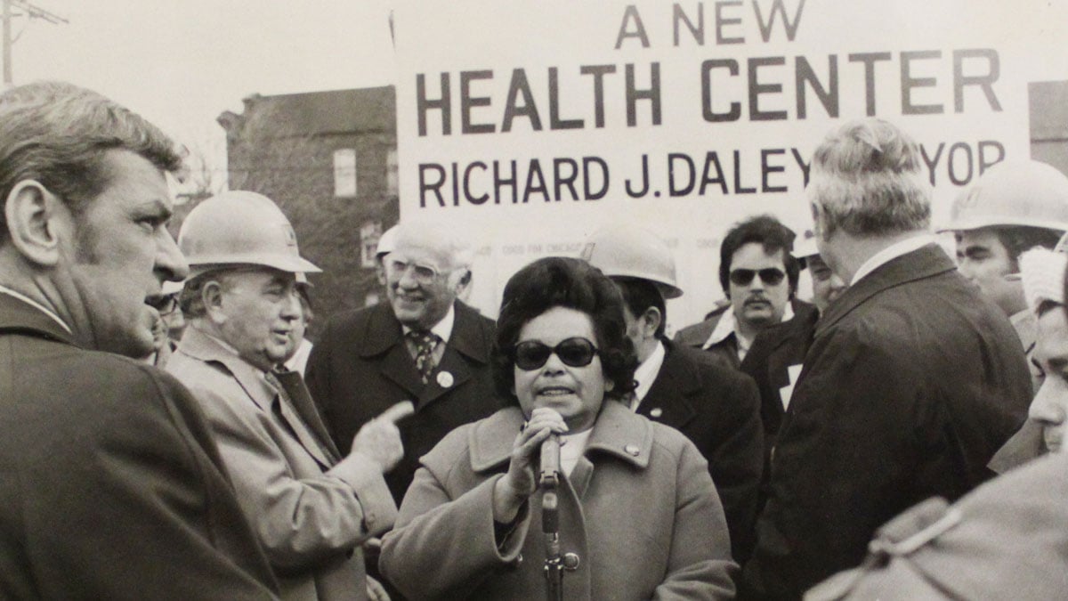 John D’Arco Sr., the 1st ward committeeman, Father Alex Kasper, State Rep John D’Arco Jr., Mayor Richard J. Daley, and Irene Hernandez, the County Commissioner, at the breaking ground ceremony for a new health center.