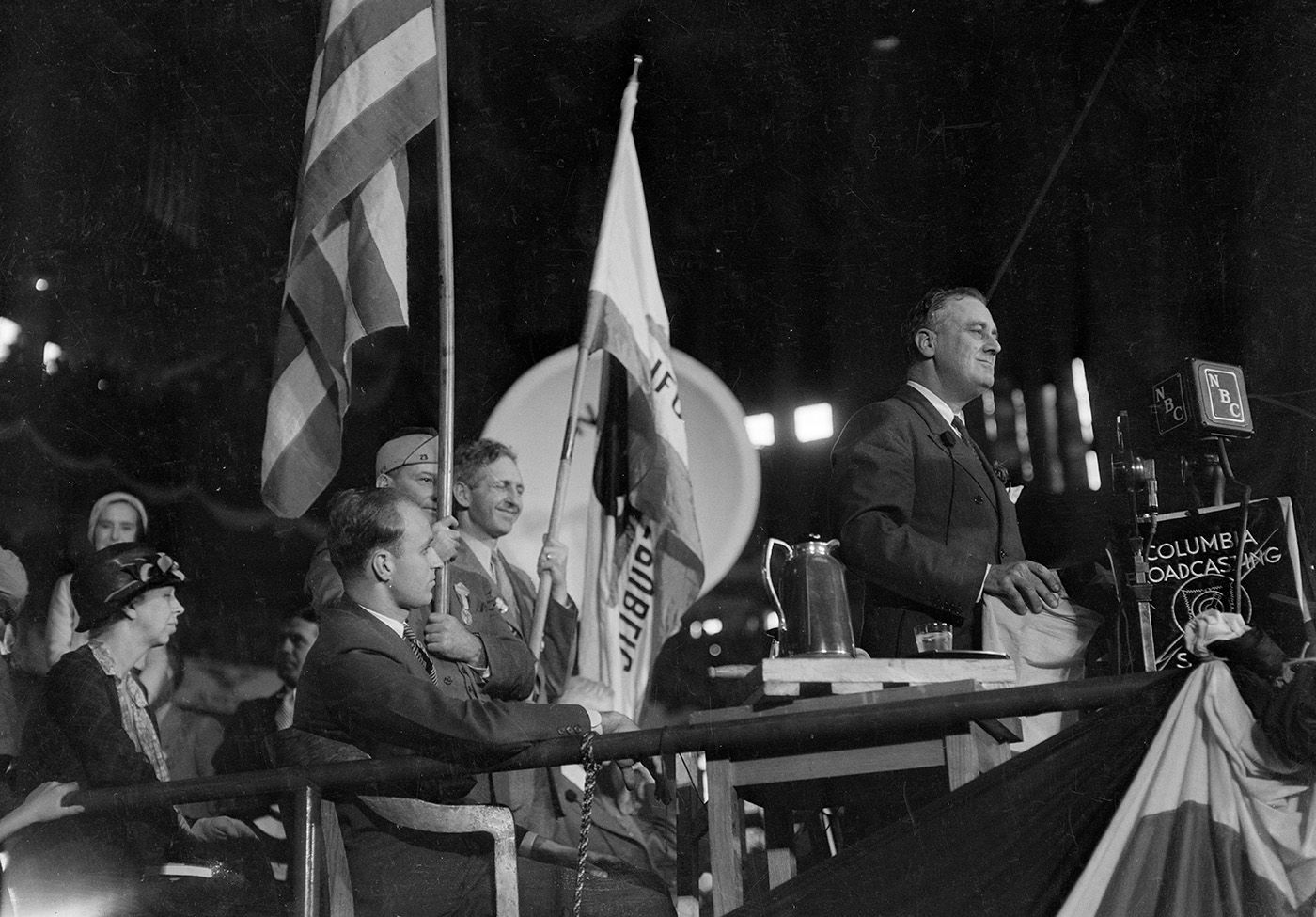 Franklin D. Roosevelt speaking at the Democratic National Convention, Eleanor Roosevelt on the platform, Chicago, Illinois, July 1932