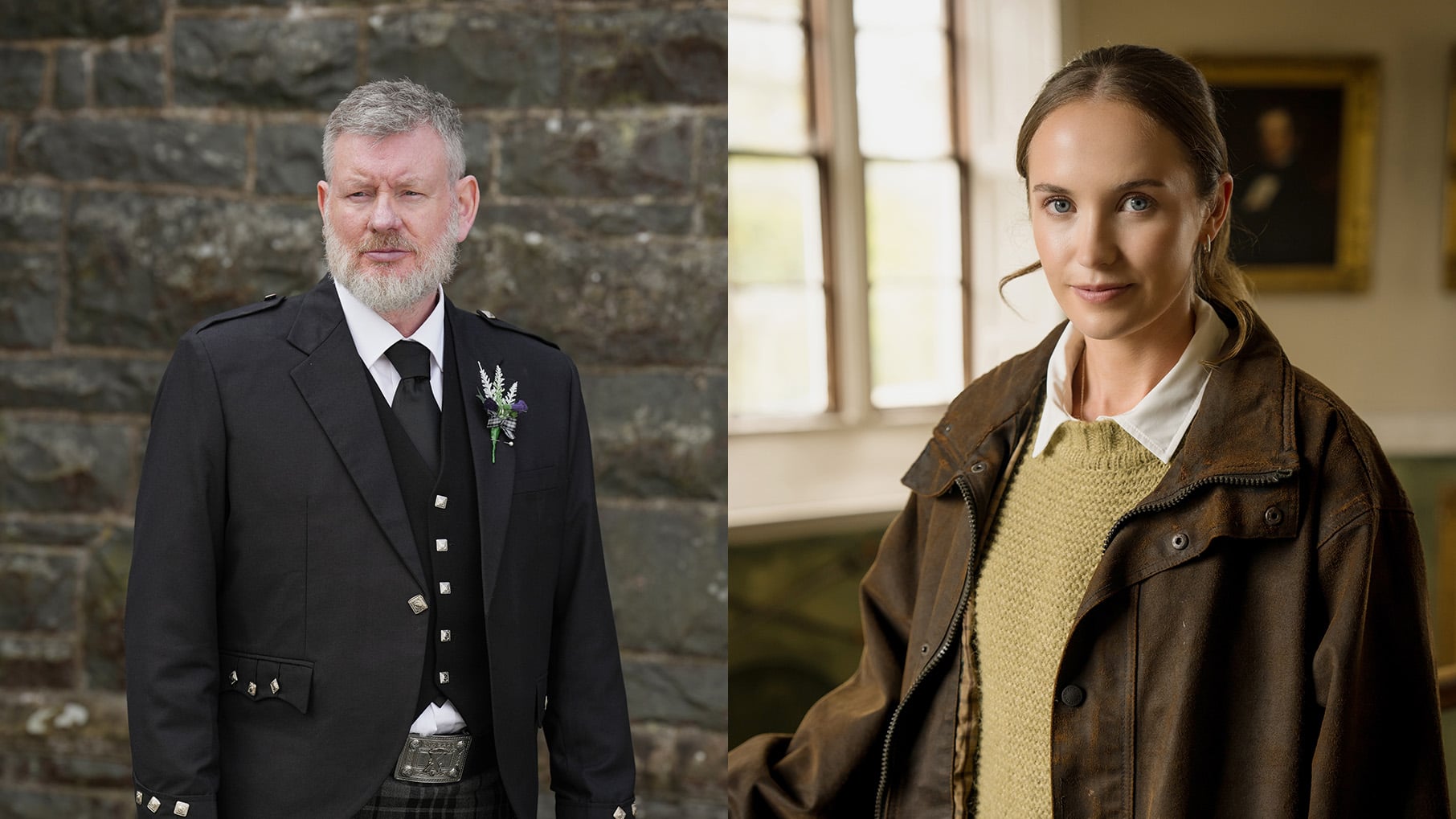 Fergus in jacket, tie, and kilt next to a separate photo of Isla in a sweater and jacket