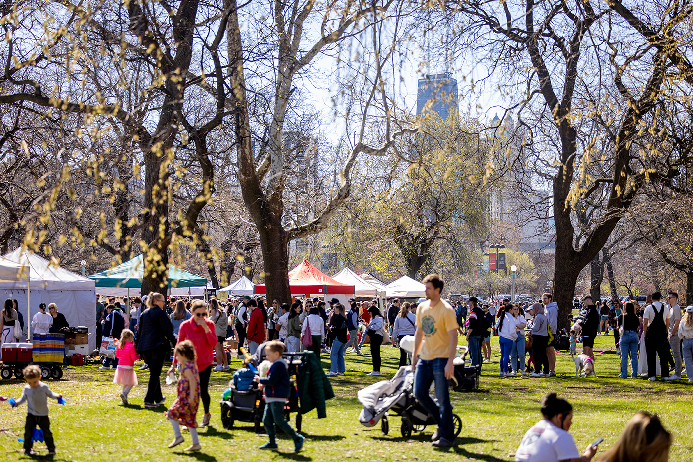 People sit and walk on a lawn amidst trees and the tents of a farmers market