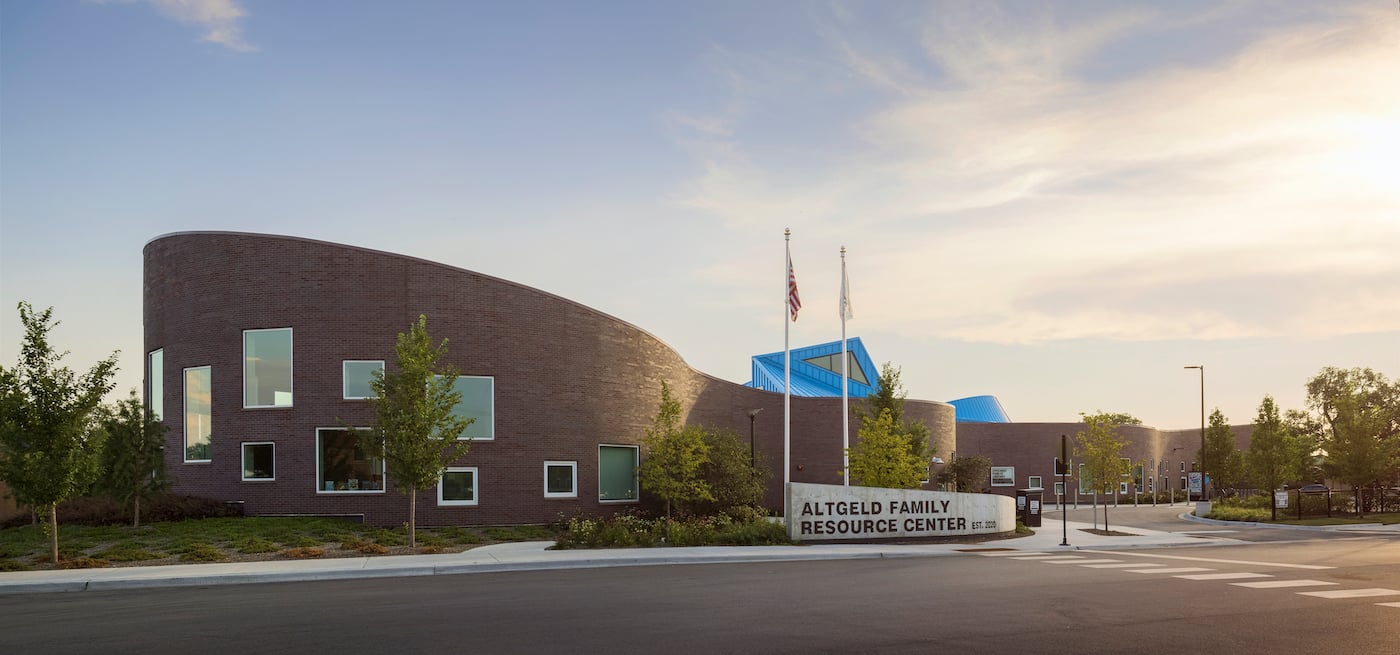 The curving facade of Altgeld Family Resource Center