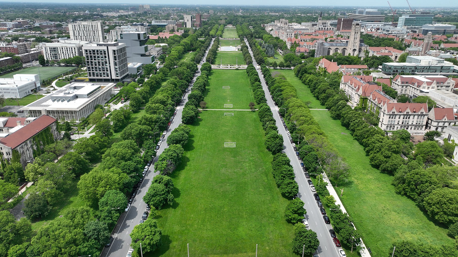 An aerial view looking west of Midway Plaisance Park