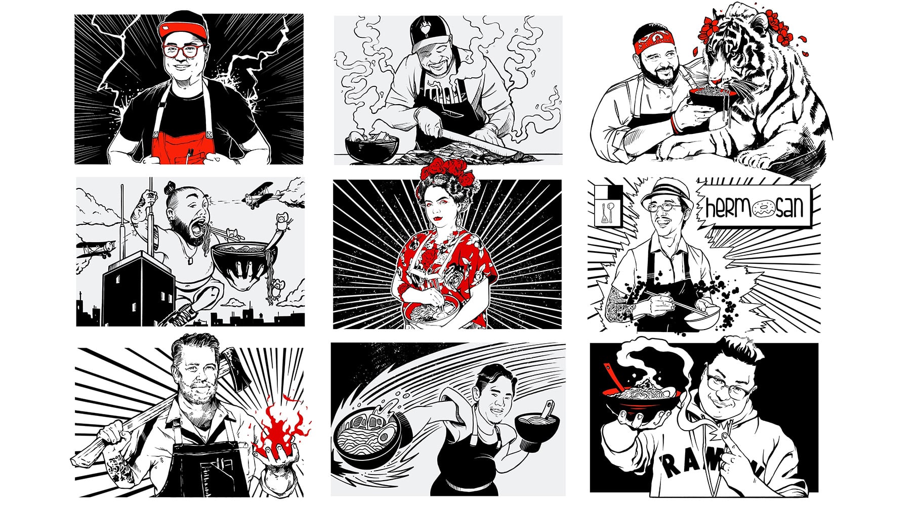 Cartoon drawings of chefs with food and ramen