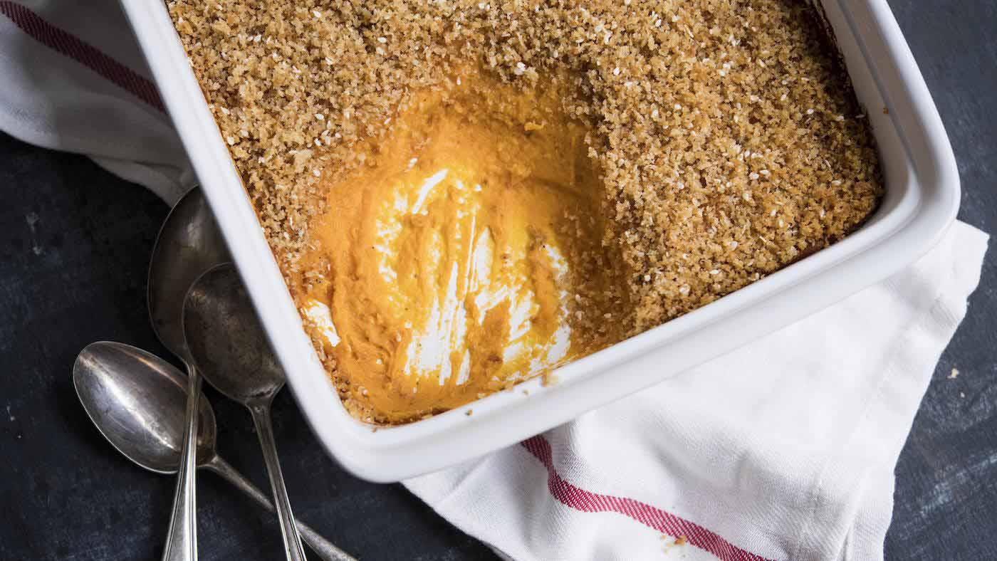 Sweet Potato Gratin in a casserole dish