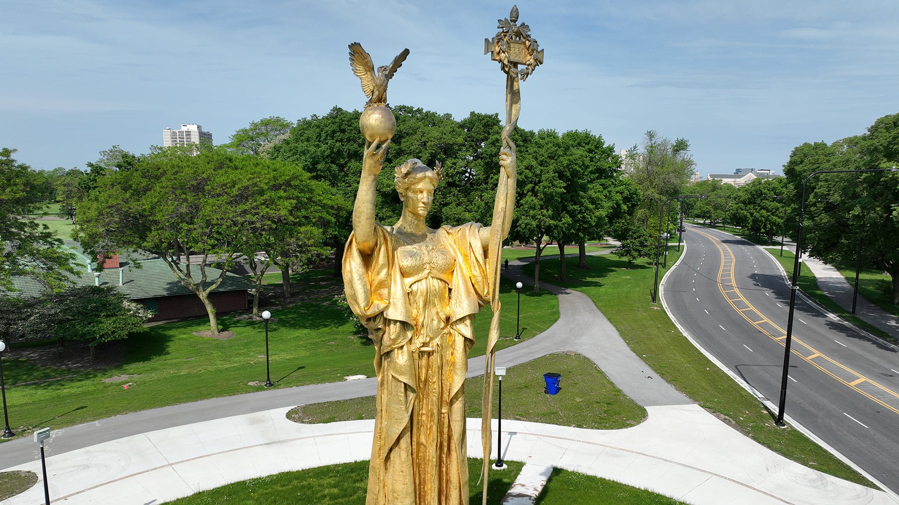 The gilded Statue of the Republic, viewed from slightly above from a drone camera