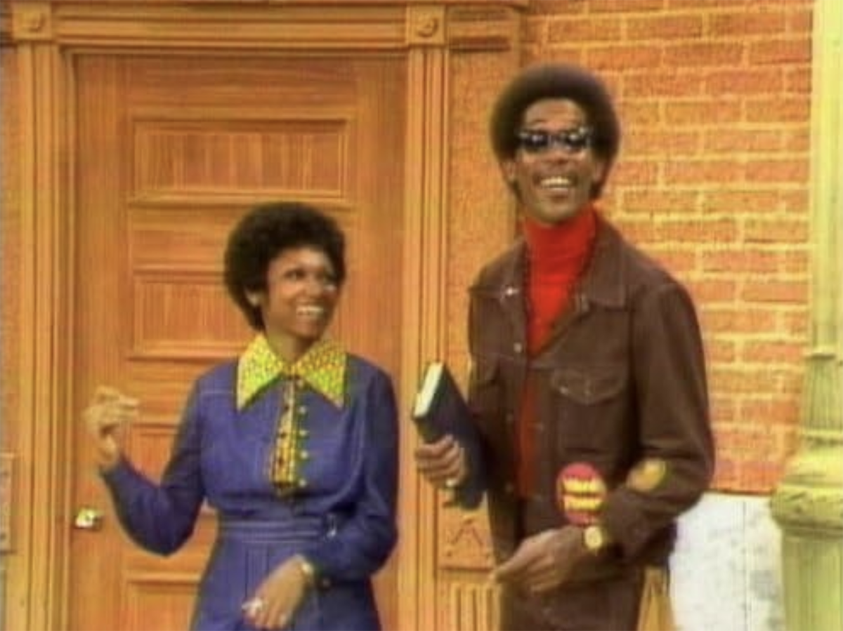 Morgan Freeman pictured with a fellow cast member on The Electric Company