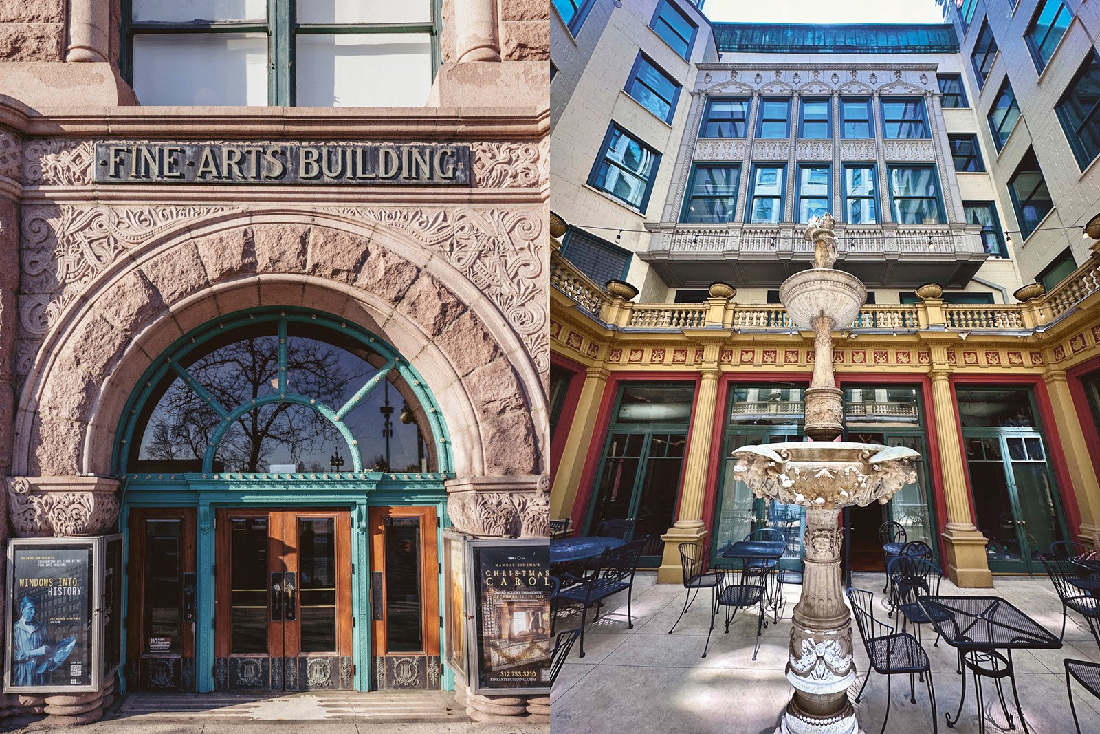 A photo of the facade of the Fine Arts Building next to one of its courtyard