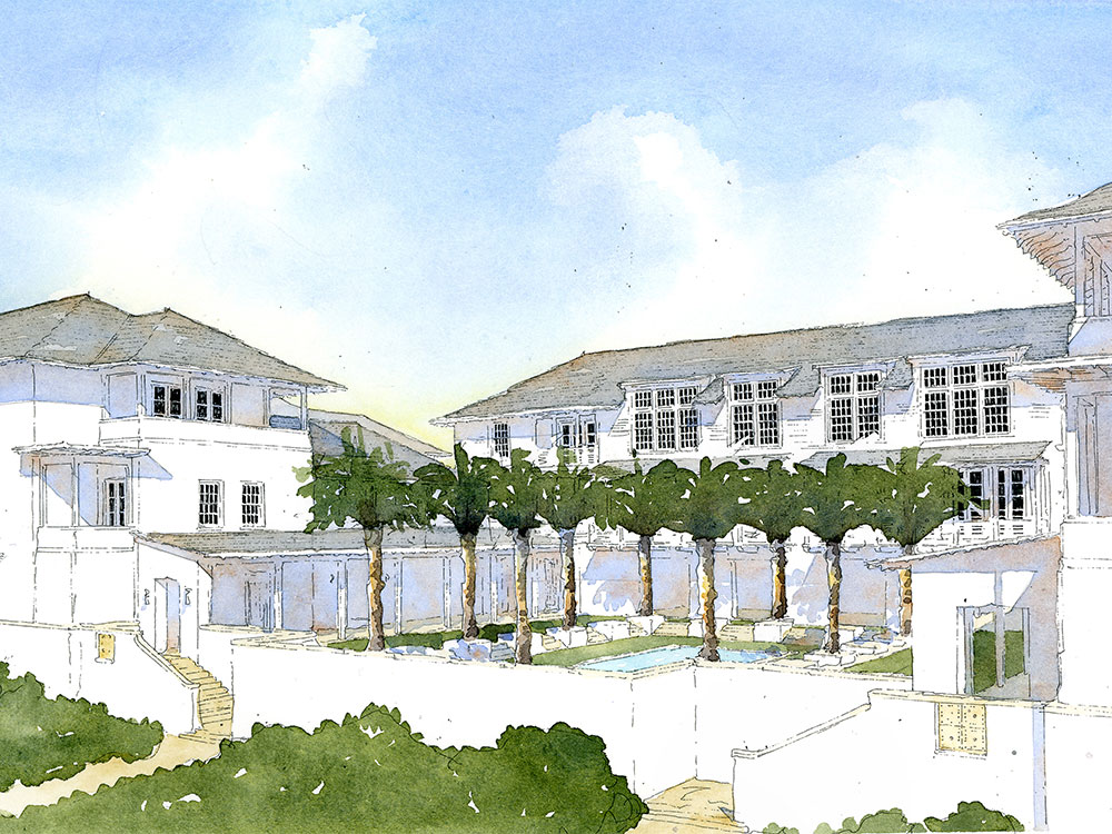 Caribbean Courtyard House watercolor