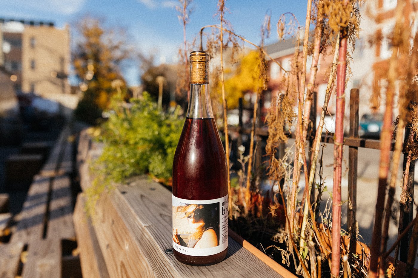 A bottle of wine on a patio outside in front of a dried out plant
