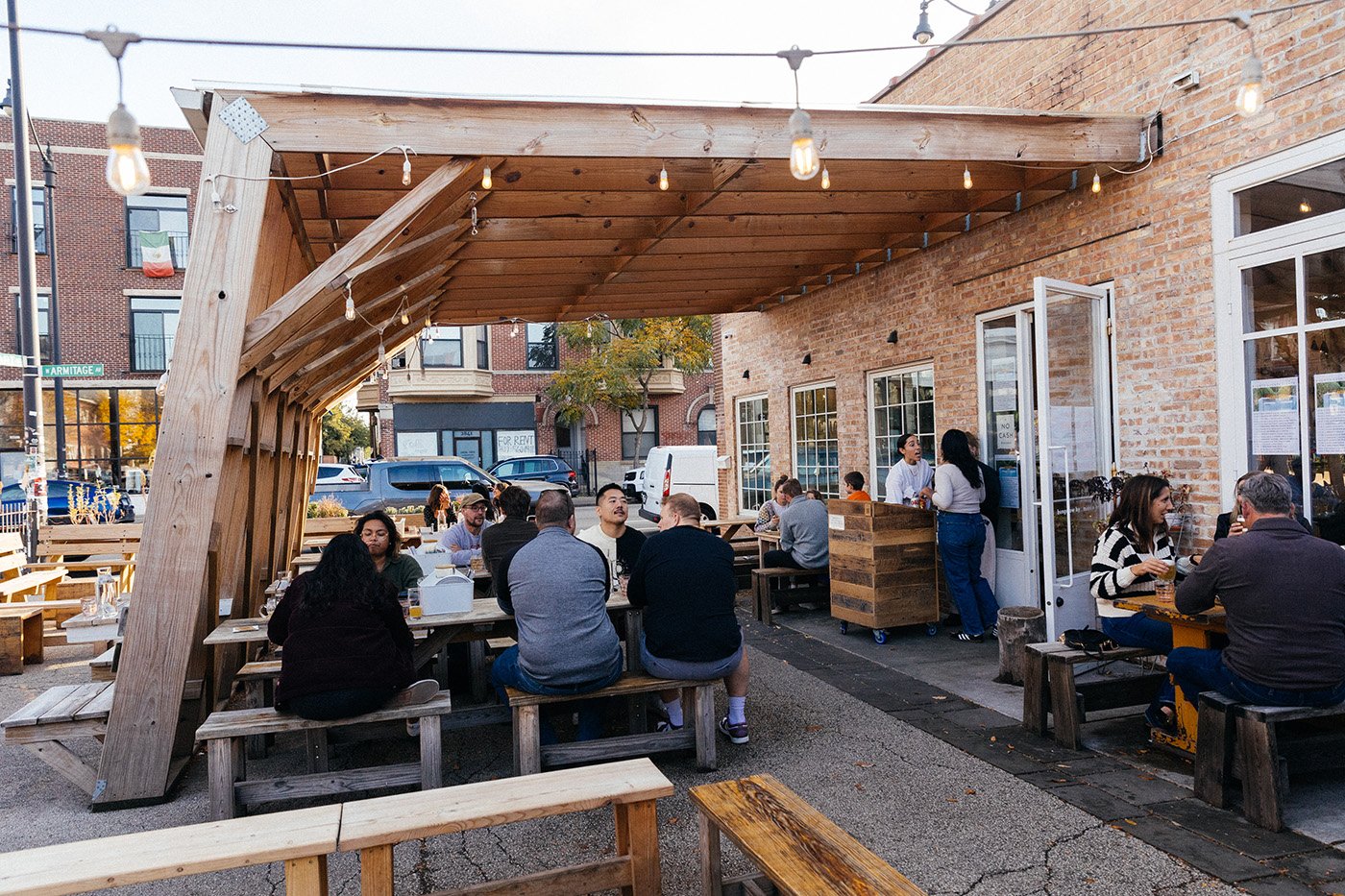 The covered patio of a Chicago restaurant