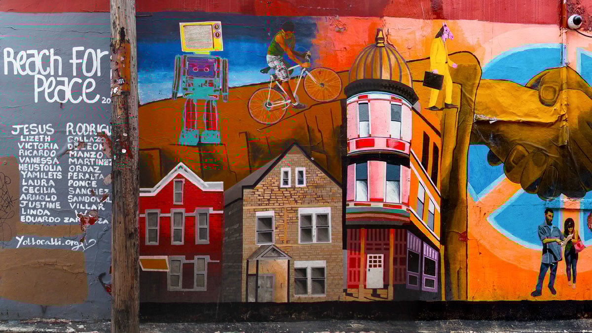 Created by teens in the summer of 2011, the Reach for Peace mural promotes peace and solidarity in Pilsen and surrounding communities.