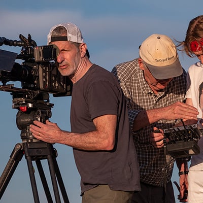 Dayton Duncan, Julie Dunfey, Buddy Squires, and Wil Duncan at the American Prairie Reserve, Montana, June 18, 2021. Credit: Jared Ames