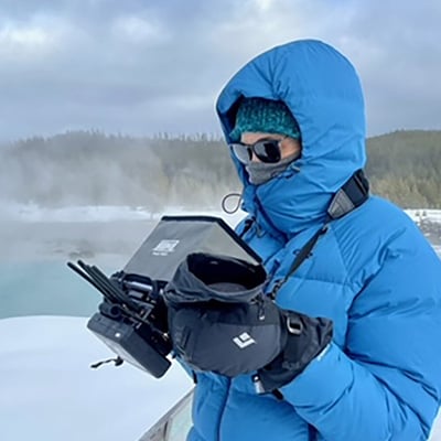 Filming of American Buffalo at Yellowstone, Montana, February 10, 2022. Credit: Jared Ames