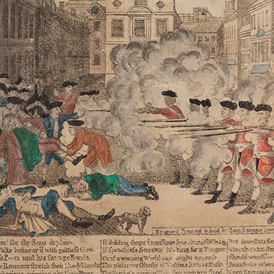 The Boston Massacre, engraving by Paul Revere, 1770. Credit: Boston Public Library