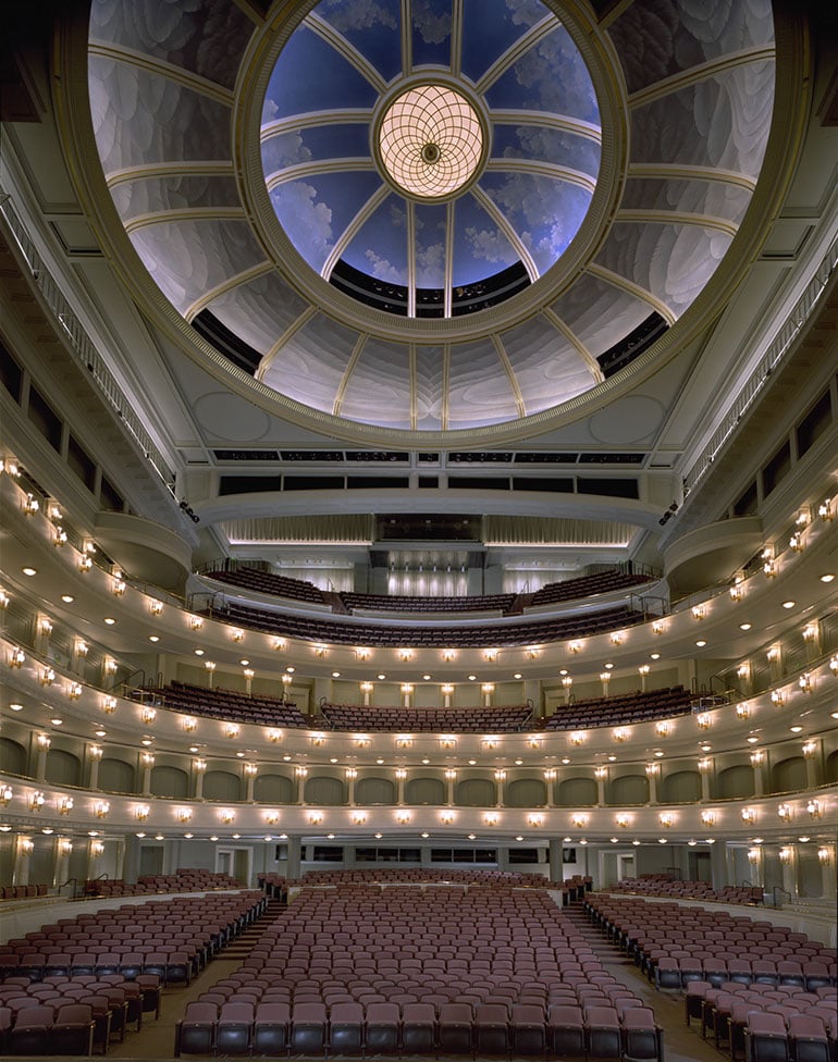 Performance Hall curve of lights/balconies; Photo Credit: Steve Hall at Hedrich Blessing