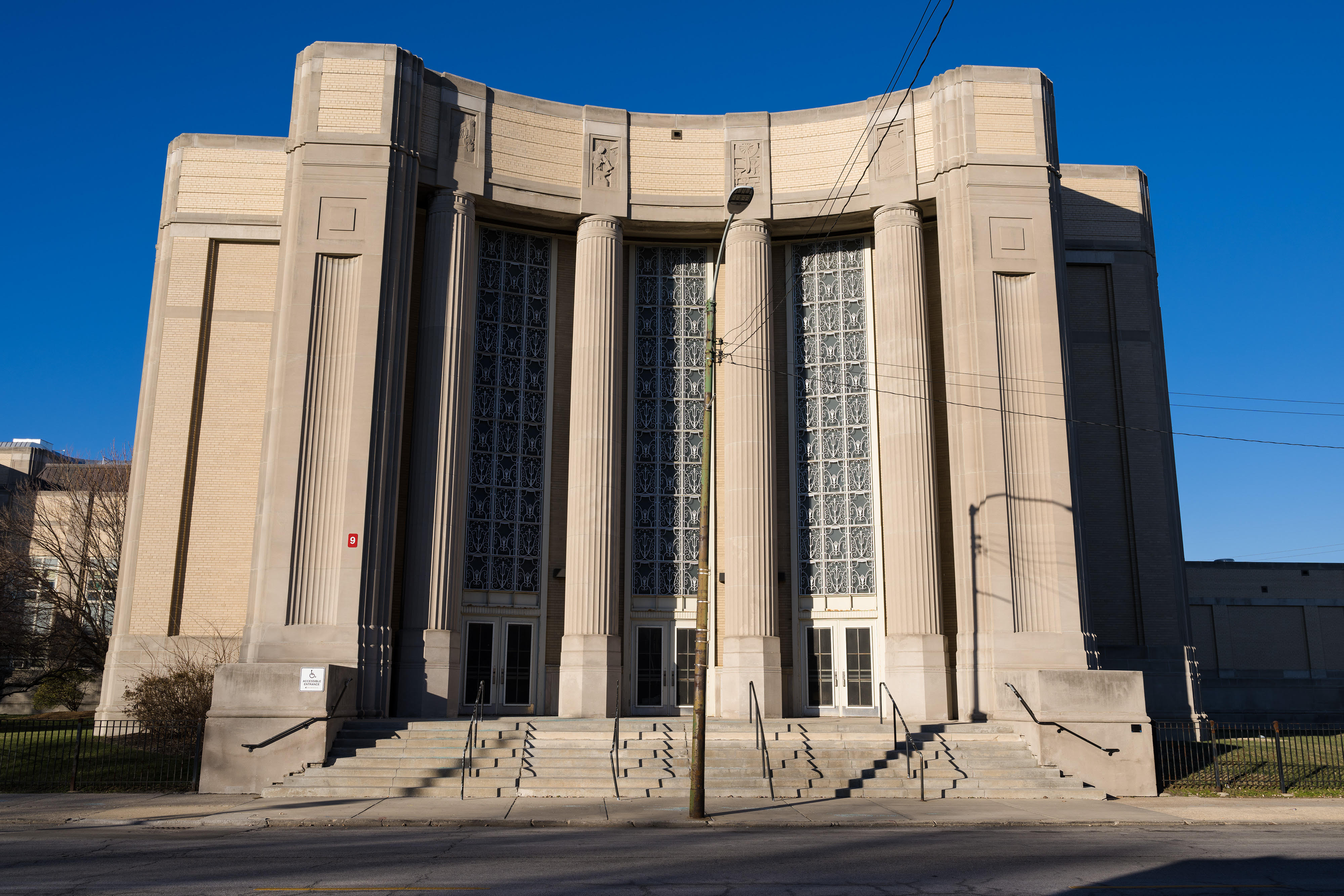 A colonnaded entrance to Chicago Vocational Career Academy