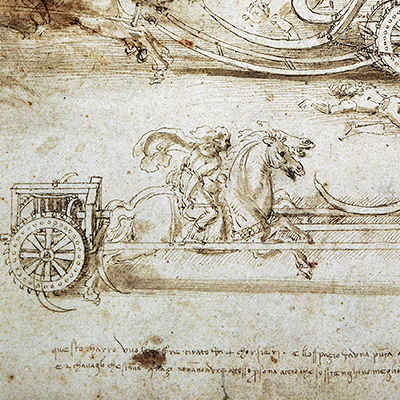 Study of a Scythed Chariot, circa 1485. Credit: By permission of MiC-Musei Reali, Biblioteca Reale. Photographer Ernani Orcorte/ Courtesy of MiC-Musei Reali, Biblioteca Real. Photographer Ernani Orcorte