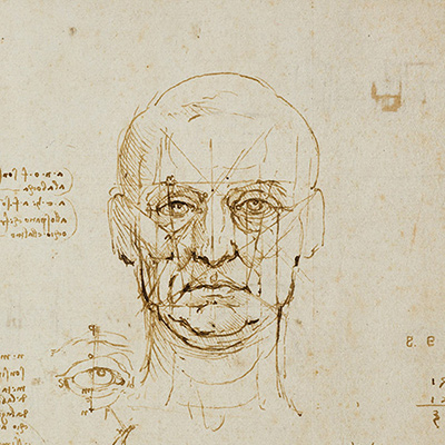 Studies of proportions of face and eye (with notes), circa 1489. Credit: By permission of MiC-Musei Reali, Biblioteca Reale. Photographer Ernani Orcorte/ Courtesy of MiC-Musei Reali, Biblioteca Real. Photographer Ernani Orcorte