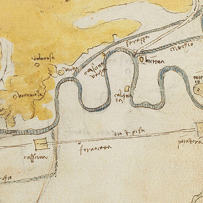 Continuation of map of Tuscany. Cartographic study of the canal network branching off from the Arno River, around Pisa, circa 1503. Credit: Biblioteca Nacional de España