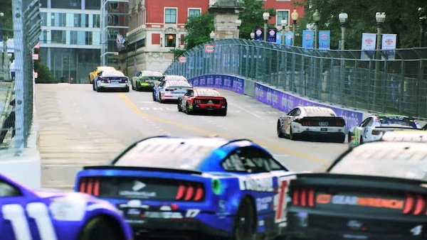 A still from a promotional video for the NASCAR Chicago Street Race. Credit: NASCAR A Nascar race in Chicago