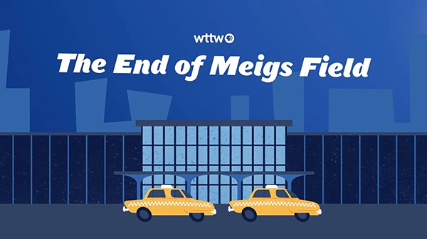 An animation of two cabs in front of an airport